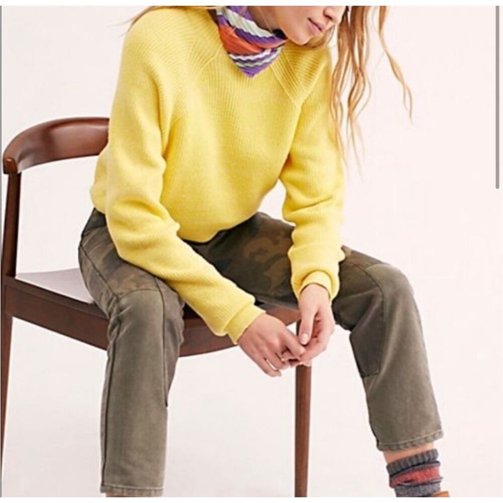 Free People Too Good Yellow Ribbed Relaxed Casual Mock Neck Sweater Size XS